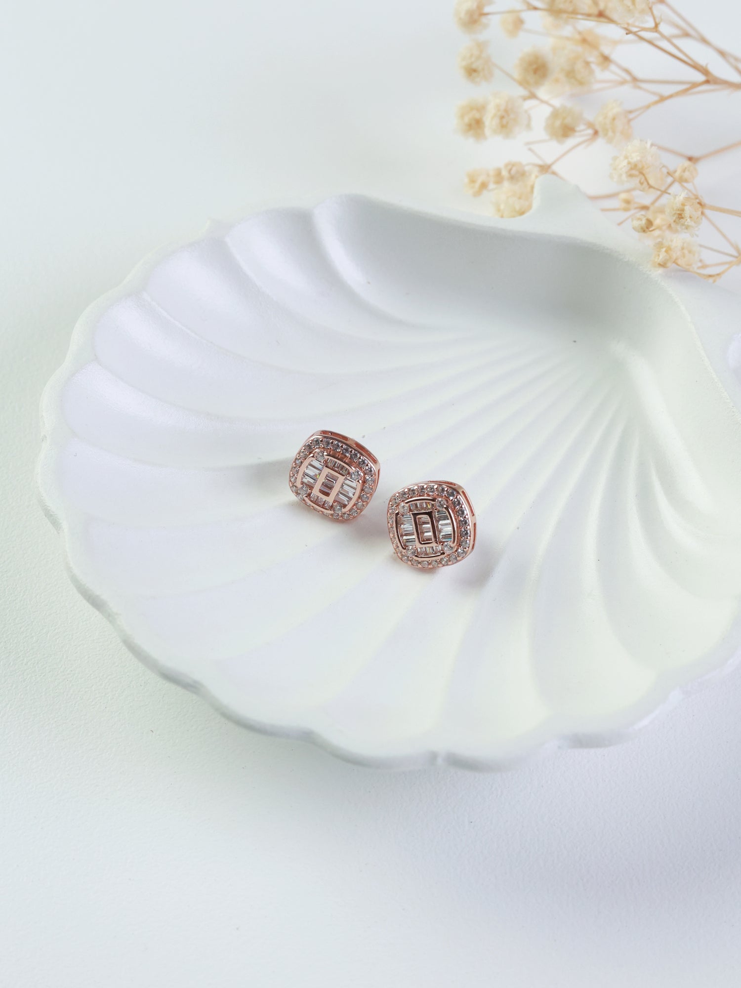 Rose Gold Square Baguette Stud Earrings
