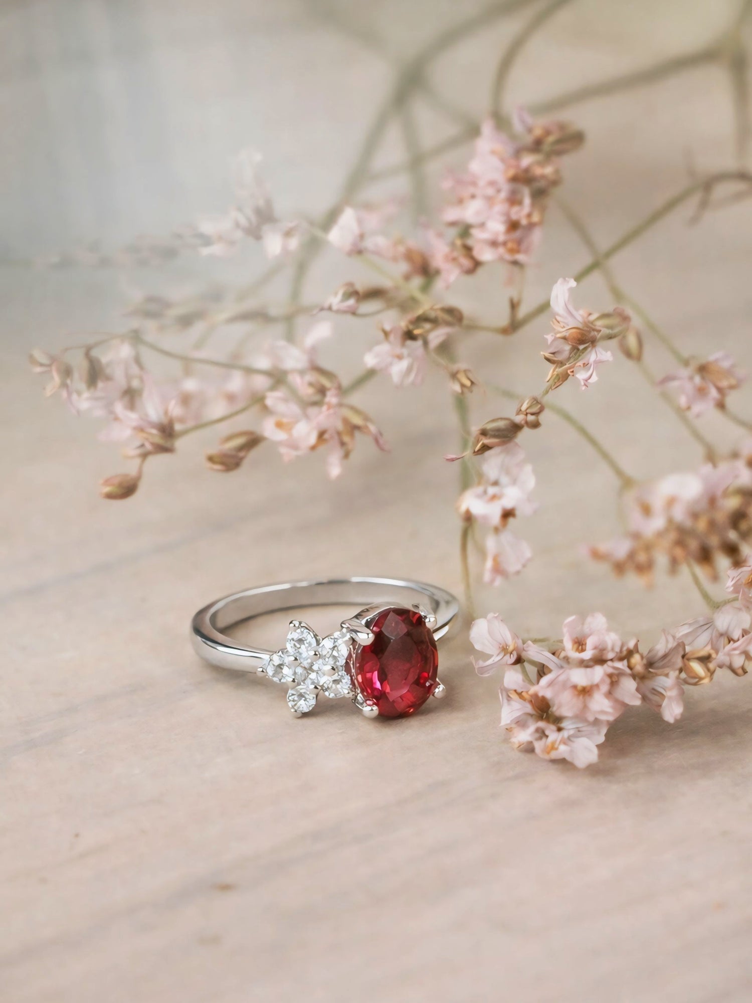 Crimson Bloom Oval Ruby Floral Ring