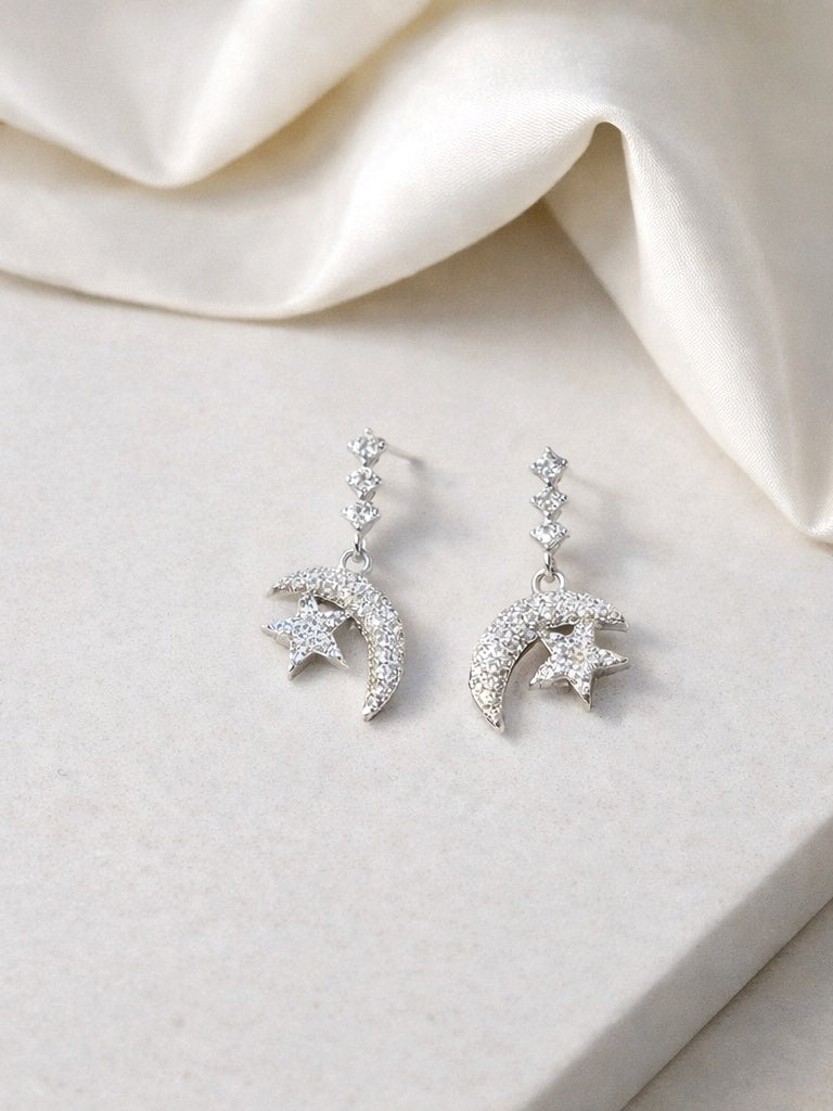 Silver Moon&Star Pavé Drop Earrings