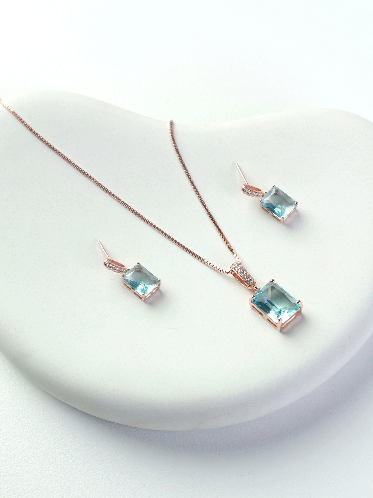 Rose Gold Aquamarine Halo Glow pendant Set