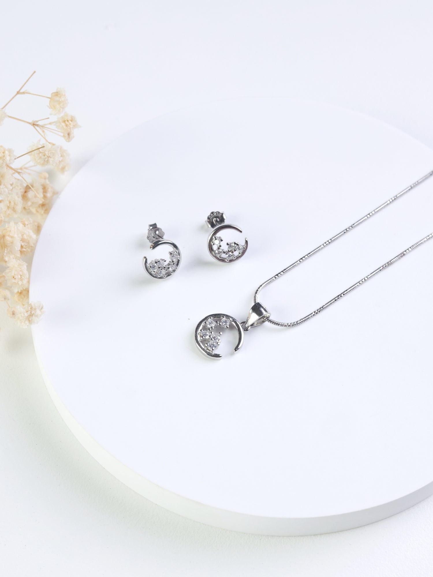Crescent Moon Silver Necklaces Set