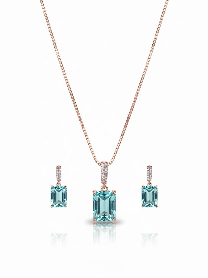 Rose Gold Aquamarine Halo Glow pendant Set