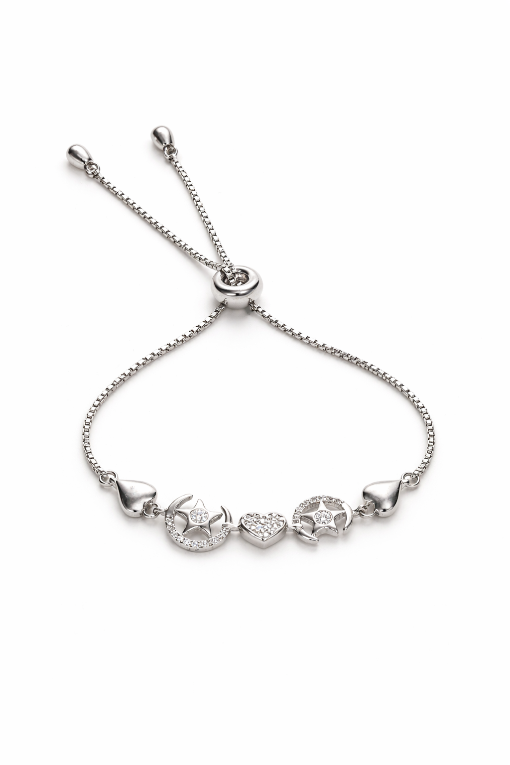 Silver Heart and Moon Adjustable Bracelet