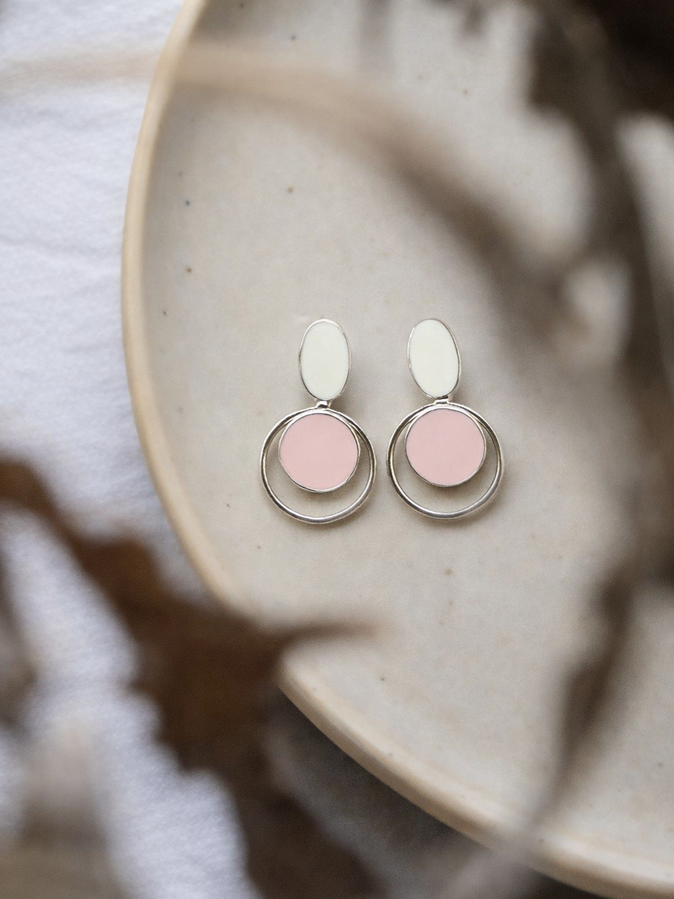 925 Sterling Silver Circle Pink Enamel Drop Earrings