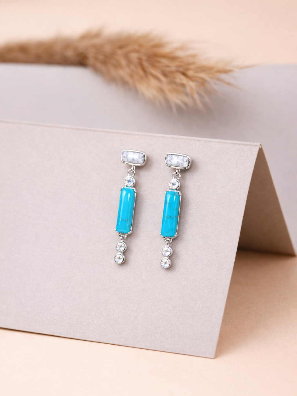 Silver Turquoise Bar Crystal Drop Earrings